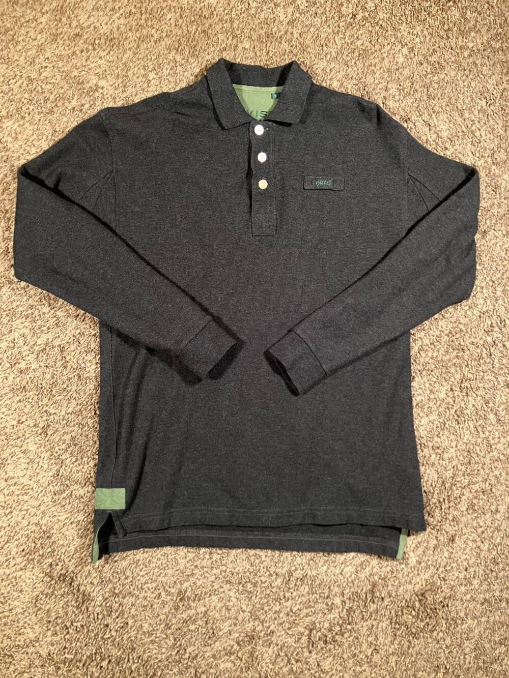 Orvis Polo Shirt Men Small Gray Long Sleeve Knit Fly Fishing Logo Cotton Outdoor
